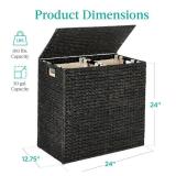 Large Water Hyacinth Double Laundry Hamper Basket w/ 2 Liner Bags (Black)