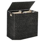 Large Water Hyacinth Double Laundry Hamper Basket w/ 2 Liner Bags (Black)