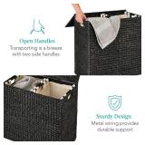 Large Water Hyacinth Double Laundry Hamper Basket w/ 2 Liner Bags (Black)