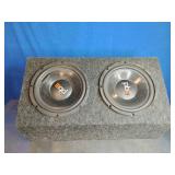 PowerBass PS-10 car subwoofers in a custom enclosure. with a  Scosche PSC.5 500K Micro Farad Digital Power Capacitor for car audio systems.