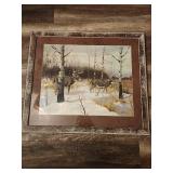 Framed print of a painting of two white-tailed deer in a snowy landscape. The original artwork is by artist Les Kouba.