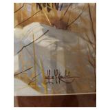 Framed print of a painting of two white-tailed deer in a snowy landscape. The original artwork is by artist Les Kouba.