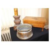 Antique Copper Cauldron, Wooden Candle Holder, and Primitive Wooden Stool Set