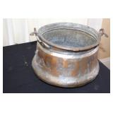 Antique Copper Cauldron, Wooden Candle Holder, and Primitive Wooden Stool Set