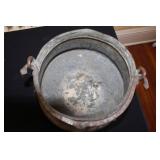 Antique Copper Cauldron, Wooden Candle Holder, and Primitive Wooden Stool Set