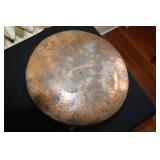 Antique Copper Cauldron, Wooden Candle Holder, and Primitive Wooden Stool Set