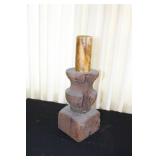 Antique Copper Cauldron, Wooden Candle Holder, and Primitive Wooden Stool Set