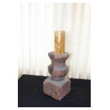 Antique Copper Cauldron, Wooden Candle Holder, and Primitive Wooden Stool Set