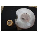 Antique Copper Cauldron, Wooden Candle Holder, and Primitive Wooden Stool Set