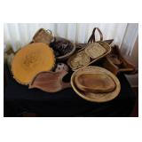Collection of Vintage Wood and Woven Baskets, Bowls, and Trays
