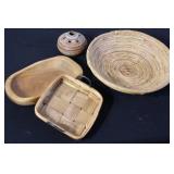 Collection of Vintage Wood and Woven Baskets, Bowls, and Trays
