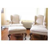 Pair of Upholstered Wingback Chairs with Matching Ottomans