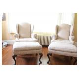 Pair of Upholstered Wingback Chairs with Matching Ottomans