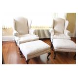 Pair of Upholstered Wingback Chairs with Matching Ottomans