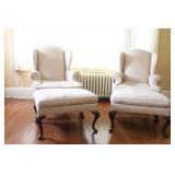 Pair of Upholstered Wingback Chairs with Matching Ottomans