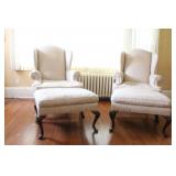 Pair of Upholstered Wingback Chairs with Matching Ottomans