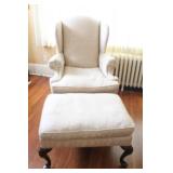 Pair of Upholstered Wingback Chairs with Matching Ottomans