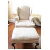 Pair of Upholstered Wingback Chairs with Matching Ottomans