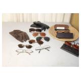 Assorted Lot of Vintage Eyeglasses, Sunglasses, Leather Gloves, and Woven Basket