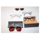 Assorted Lot of Vintage Eyeglasses, Sunglasses, Leather Gloves, and Woven Basket