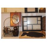 Vintage Home Decor Lot with Framed Art, Wood Trays, and Carved Candle Holder