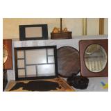 Vintage Home Decor Lot with Framed Art, Wood Trays, and Carved Candle Holder