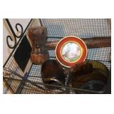 Vintage Home Decor Lot with Framed Art, Wood Trays, and Carved Candle Holder