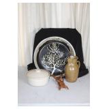 Rustic Pottery Collection with Tree Plate, Covered Casserole, Pitcher, and Wooden Accent