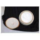 Rustic Pottery Collection with Tree Plate, Covered Casserole, Pitcher, and Wooden Accent