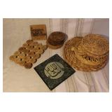 Assorted Lot of Wooden and Woven Coasters, Trivets, and Decorative Plates