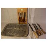 Vintage Carving Set with Stag Handles, Meat Tray, and Solingen Steak Knives