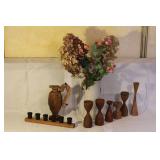 Collection of Vintage Wooden Candle Holders, Handcrafted Vase with Faux Flowers, and Wooden Pitcher