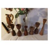 Collection of Vintage Wooden Candle Holders, Handcrafted Vase with Faux Flowers, and Wooden Pitcher
