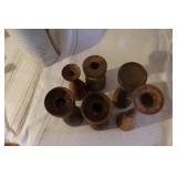 Collection of Vintage Wooden Candle Holders, Handcrafted Vase with Faux Flowers, and Wooden Pitcher