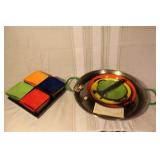 Paella Pan Set with Colored Serving Dishes and Hand Painted Bowls