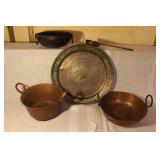 Antique Copper Cookware Set with Handled Bowls, Tray, and Ladle