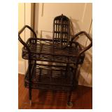 Vintage Rattan Rolling Bar Cart with Removable Basket
