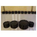 Mid-Century Stoneware Dinnerware Set with Plates, Saucers, and Cups - Swirl Pattern