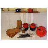 Vintage Gerz Fondue Set with Ceramic Pots, Wooden Boards, and Fondue Forks
