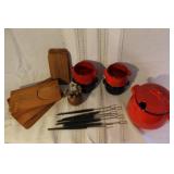 Vintage Gerz Fondue Set with Ceramic Pots, Wooden Boards, and Fondue Forks