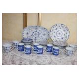 Collection of Blue and White Porcelain Tea Cups and Plates with Platters