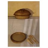 Sassafras Superstone Roaster with Lid, Baking Pan, and 4 Wood Utensils
