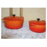 Set of 2 Vintage Orange Enamel Cast Iron Dutch Ovens with Lids