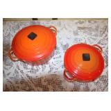 Set of 2 Vintage Orange Enamel Cast Iron Dutch Ovens with Lids