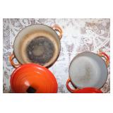 Set of 2 Vintage Orange Enamel Cast Iron Dutch Ovens with Lids