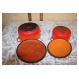 Set of 2 Vintage Orange Enamel Cast Iron Dutch Ovens with Lids