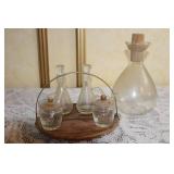 Vintage Glass Condiment Set with Wooden Tray and Carafe