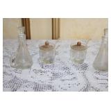 Vintage Glass Condiment Set with Wooden Tray and Carafe