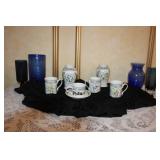 Set of Portmeirion Botanic Garden Porcelain Mugs, Jars, and Assorted Blue Glass Vases