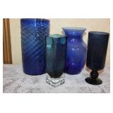 Set of Portmeirion Botanic Garden Porcelain Mugs, Jars, and Assorted Blue Glass Vases